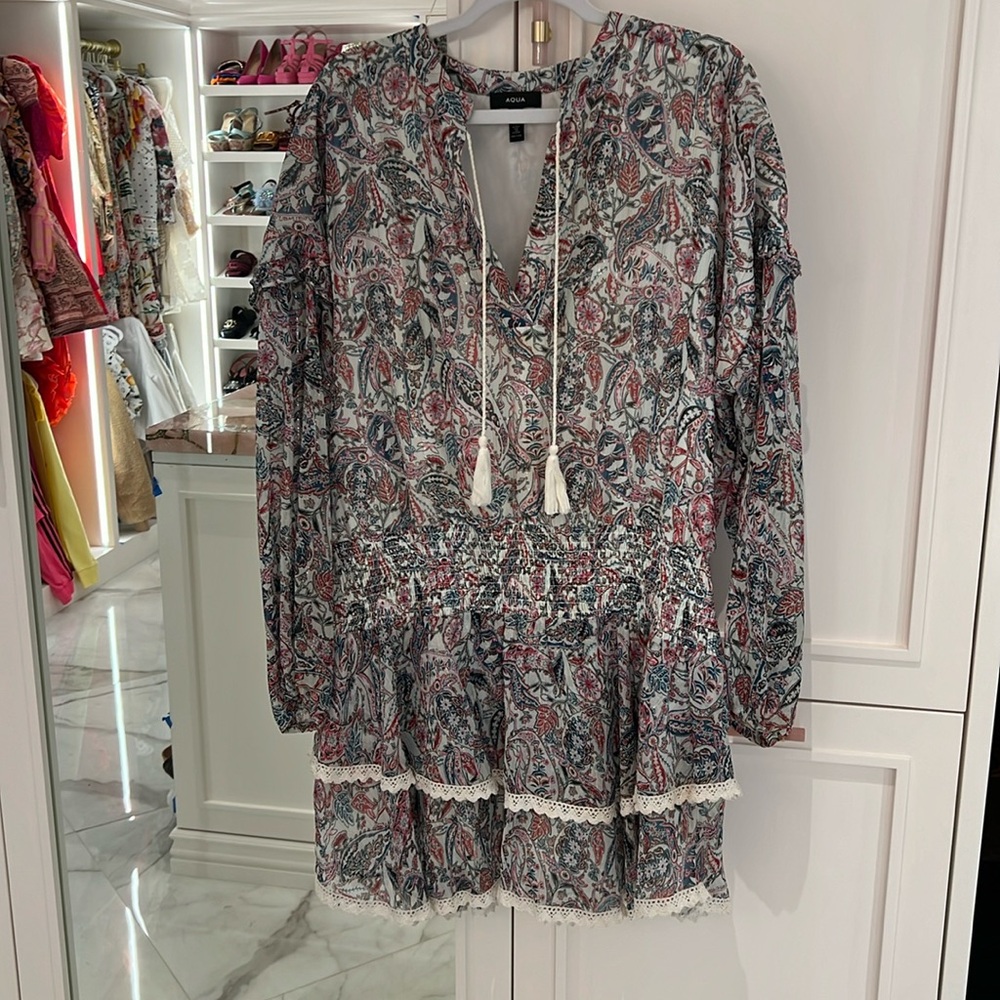 Bloomingdales Aqua Paisley Dress size XL white ruffle lace trim sheer sleeves